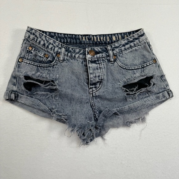 The Frayed Mid Rise Button Fly Jean Shorts Women SZ 4 Distressed Gray Wash Denim - Picture 1 of 11